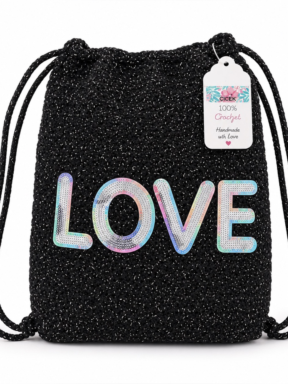Lwbloom Black Glitter Crochet Drawstring Backpack For Girls Summer Travel
